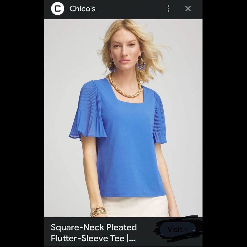 Chico’s square neck pleated flutter sleeve top deep periwinkle blue 2 L 12/14